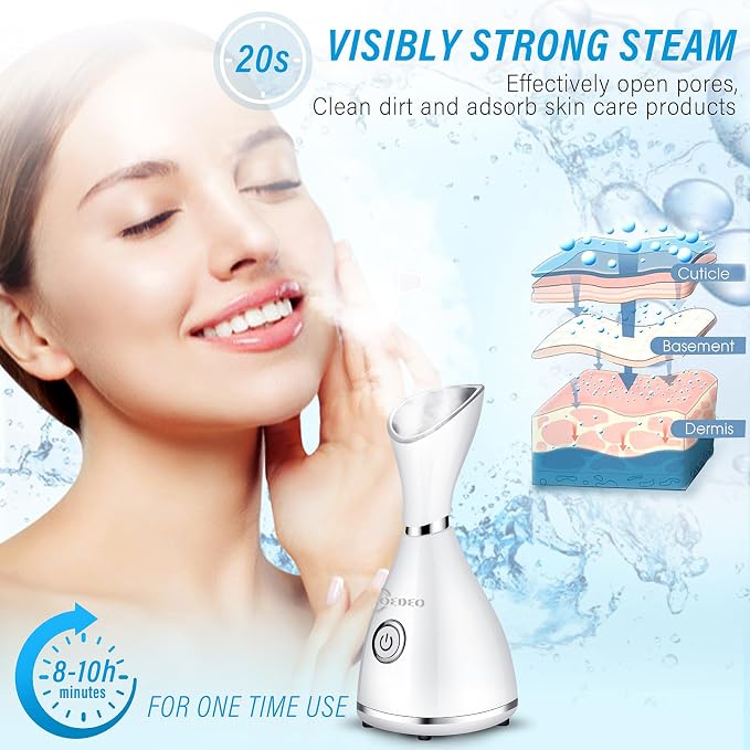 Nano Ionic Face Steamer - Warm Mist Humidifier for Deep Facial Cleansing - 4 Piece Stainless Steel Skin Kit, Hair Band, Wash