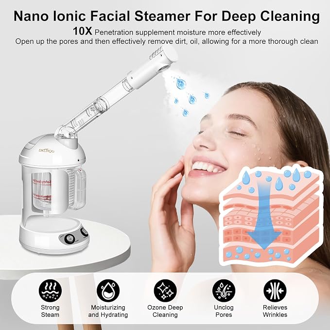 Nano Ionic Facial Steamer with Removable Water Cup, Face Steamer 360° Rotatable Sprayer Warm Mist Face Humidifier for Home
