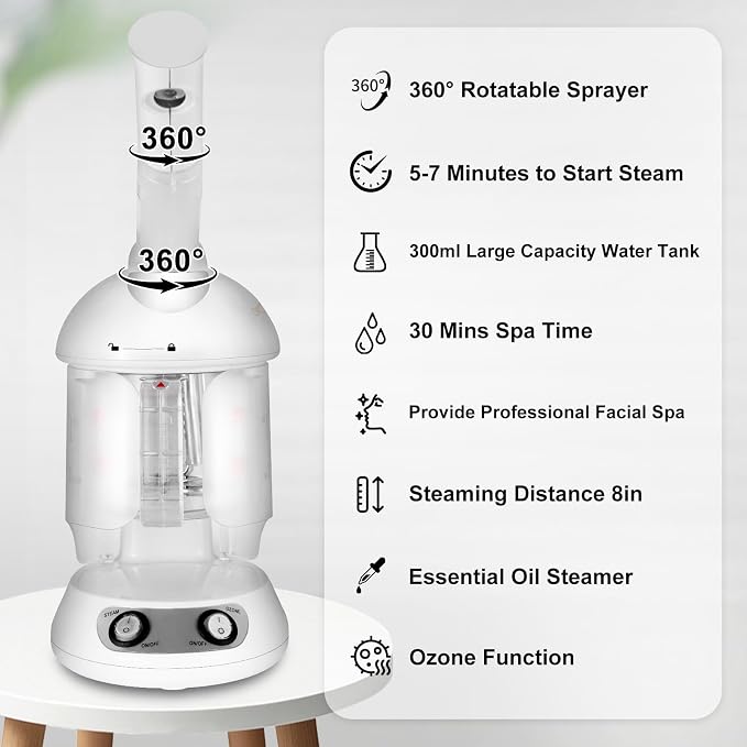 Nano Ionic Facial Steamer with Removable Water Cup, Face Steamer 360° Rotatable Sprayer Warm Mist Face Humidifier for Home