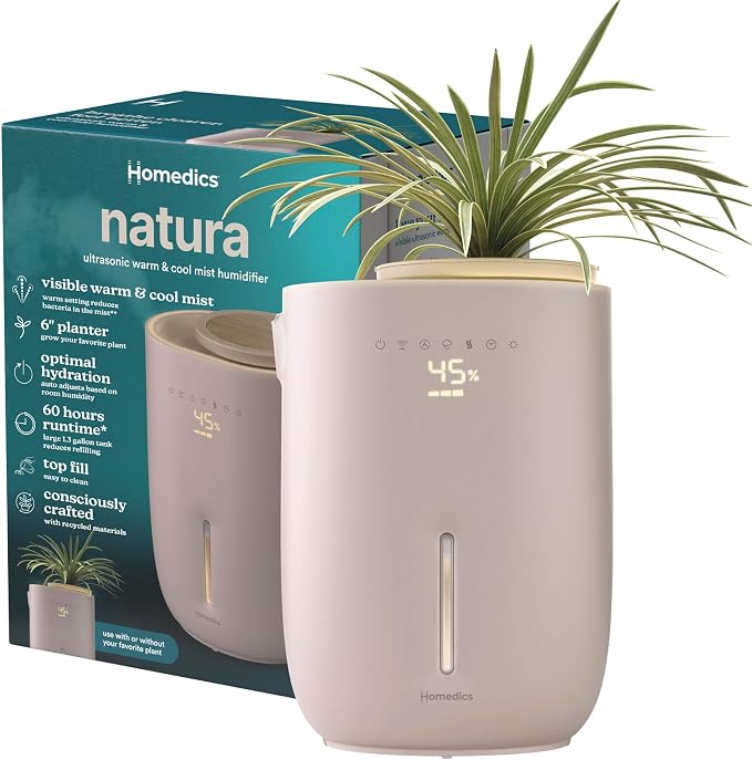 Natura Ultrasonic Warm & Cool Mist Humidifier, 1.3-Gal for Large Rooms, 60-Hr Runtime, Plant Holder, Programmable Humidity