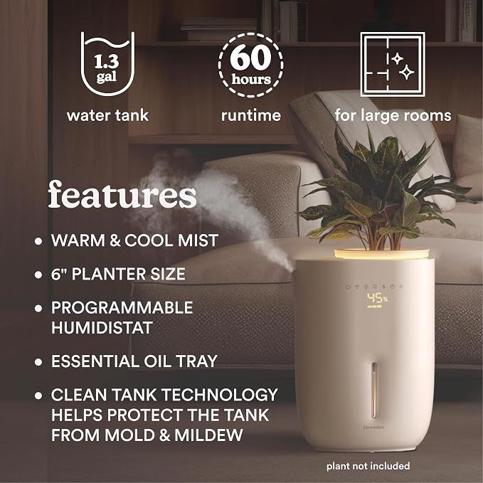 Natura Ultrasonic Warm & Cool Mist Humidifier, 1.3-Gal for Large Rooms, 60-Hr Runtime, Plant Holder, Programmable Humidity