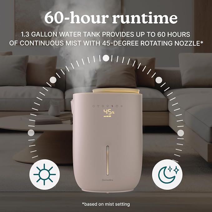 Natura Ultrasonic Warm & Cool Mist Humidifier, 1.3-Gal for Large Rooms, 60-Hr Runtime, Plant Holder, Programmable Humidity