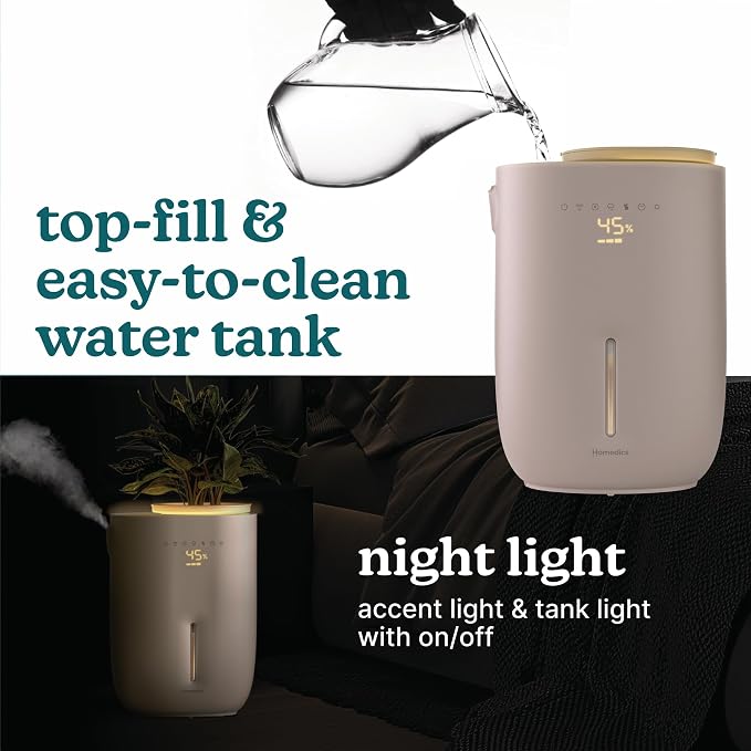 Natura Ultrasonic Warm & Cool Mist Humidifier, 1.3-Gal for Large Rooms, 60-Hr Runtime, Plant Holder, Programmable Humidity