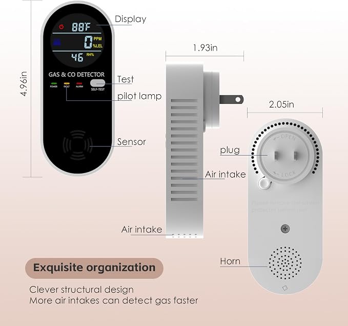 Natural Gas Detectors &Plug in Carbon Monoxide Detector, 4 in 1 Co and Gas Detector Temp Humidity Monitor,Propane, LPG, Gas