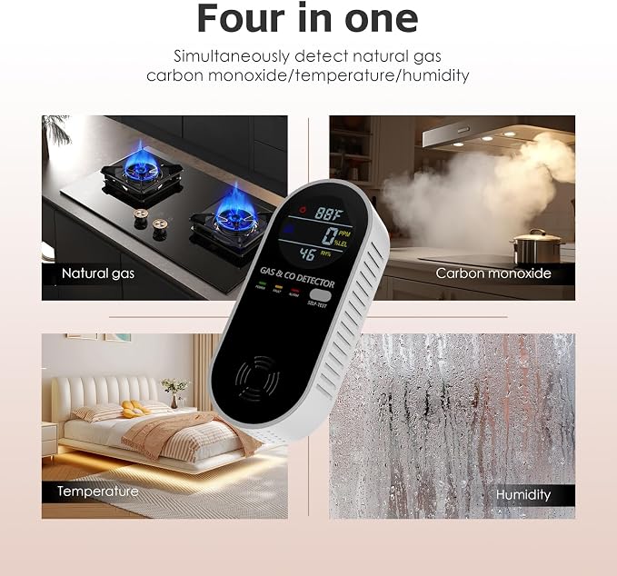 Natural Gas Detectors &Plug in Carbon Monoxide Detector, 4 in 1 Co and Gas Detector Temp Humidity Monitor,Propane, LPG, Gas