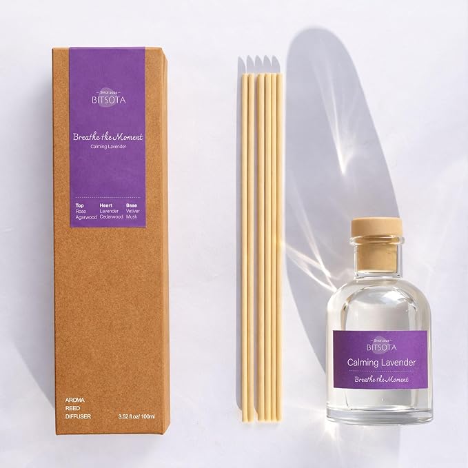 Natural Reed Diffuser Set, Calming Lavender 3.52 oz (100ml) Scented Diffuser with Sticks Home Fragrance Reed Diffuser for