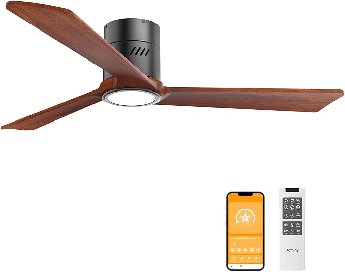 Natural Solid Wood 52 inch Ceiling Fan with Light,3 Blades,6CCT,Black Low Profile Ceiling Fan with Light and Remote