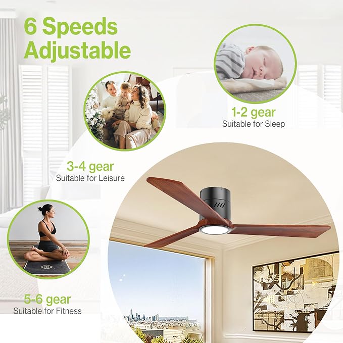 Natural Solid Wood 52 inch Ceiling Fan with Light,3 Blades,6CCT,Black Low Profile Ceiling Fan with Light and Remote
