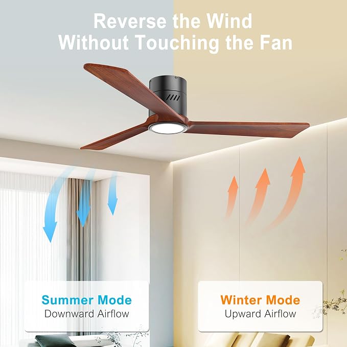 Natural Solid Wood 52 inch Ceiling Fan with Light,3 Blades,6CCT,Black Low Profile Ceiling Fan with Light and Remote