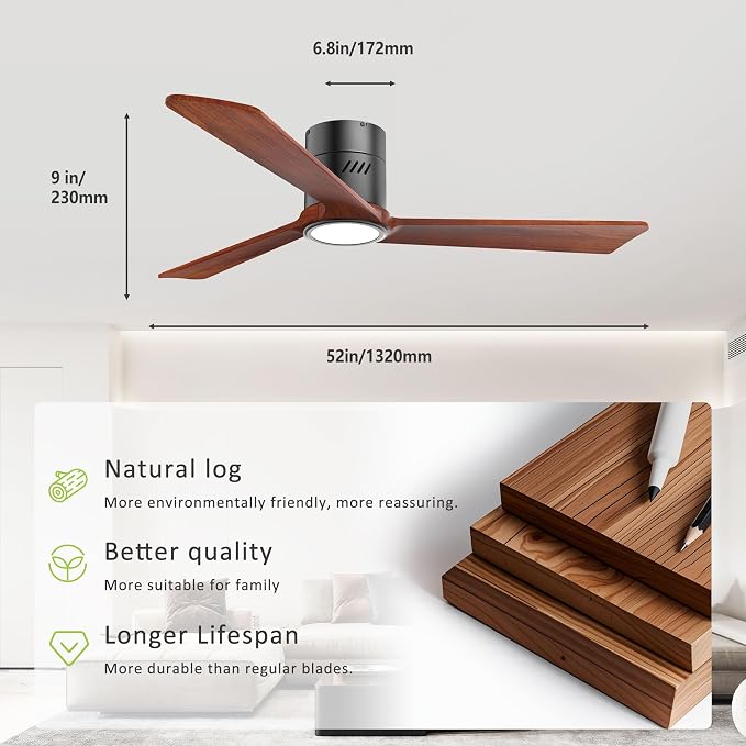 Natural Solid Wood 52 inch Ceiling Fan with Light,3 Blades,6CCT,Black Low Profile Ceiling Fan with Light and Remote