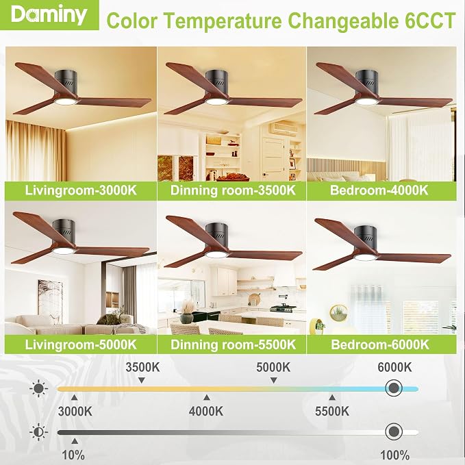 Natural Solid Wood 52 inch Ceiling Fan with Light,3 Blades,6CCT,Black Low Profile Ceiling Fan with Light and Remote