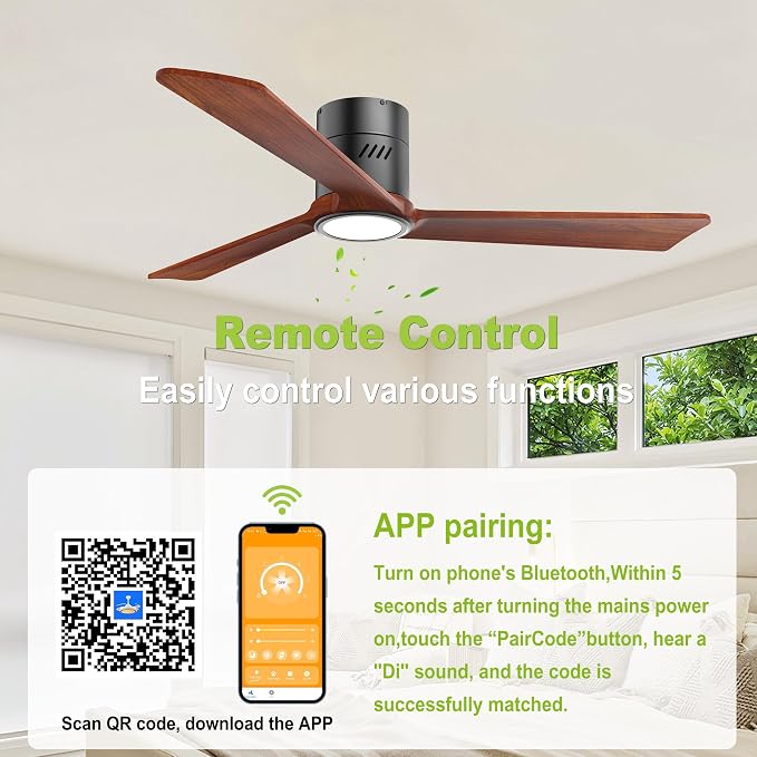 Natural Solid Wood 52 inch Ceiling Fan with Light,3 Blades,6CCT,Black Low Profile Ceiling Fan with Light and Remote