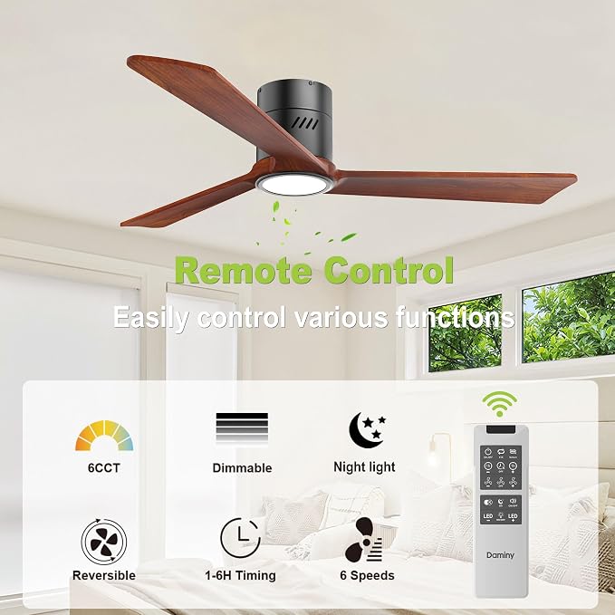Natural Solid Wood 52 inch Ceiling Fan with Light,3 Blades,6CCT,Black Low Profile Ceiling Fan with Light and Remote