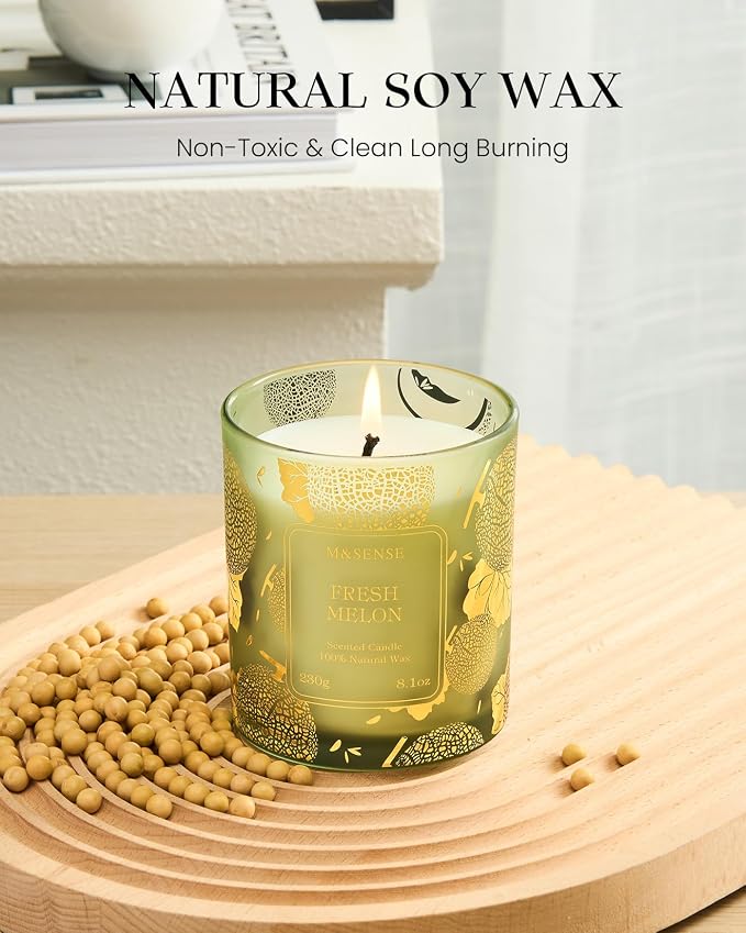 Naturally Scented Vegan Soy Candles, Fresh Melon Scented Candles, 8.1oz Long Burning 42-Hour Burn Time,Home Fragrance for