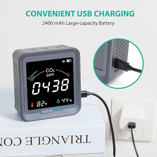 Ndir CO2 Detector Battery Powered | Digital CO2 Monitor with Alarm | Carbon Dioxide & Temperature & Humidity Air Quality