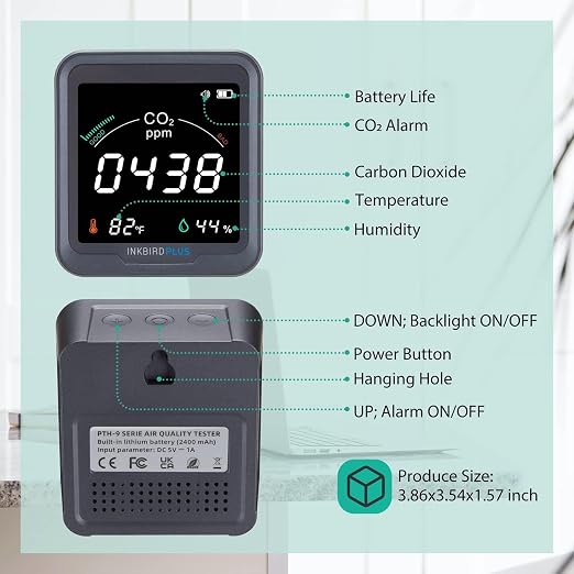 Ndir CO2 Detector Battery Powered | Digital CO2 Monitor with Alarm | Carbon Dioxide & Temperature & Humidity Air Quality