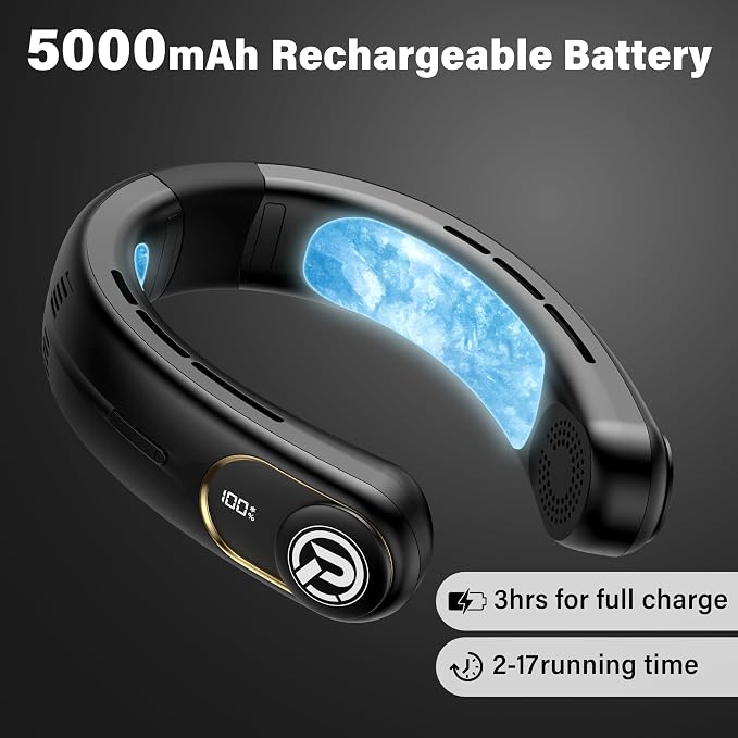 Neck Air Conditioner, 3-Speed Portable Neck Fan with Ice Cooler, 5000mAh Rechargeable Battery Operated Personal Air