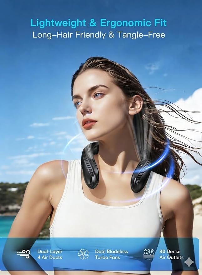 Neck Air Conditioner Portable, 360° Upward & Downward Back Airflow, Large Cooling Plate & NTC Control, 6000mAh Bladeless