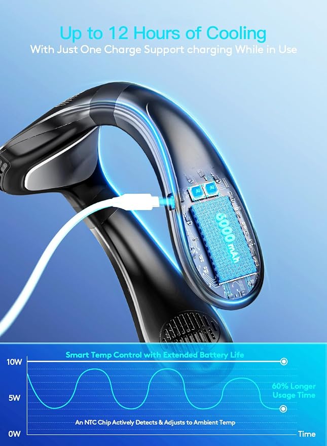 Neck Air Conditioner Portable, 360° Upward & Downward Back Airflow, Large Cooling Plate & NTC Control, 6000mAh Bladeless
