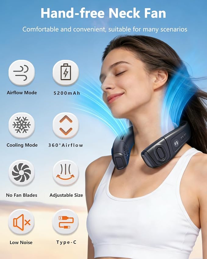 Neck Air Conditioner with 6 Adjustable levels,Cooling Neck Fan Support 360°Airflow and Cooling Plate,5200mAh Portable