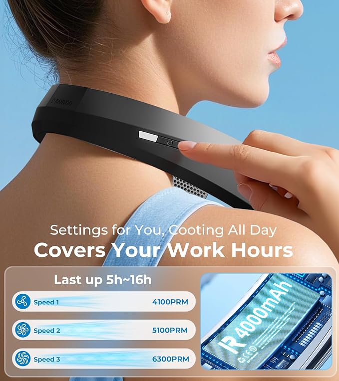Neck Fan, 120° Adjustable-width Portable Fan, 360° Cooling Neck Fans, 16H Battery Powered Fan, 3 speeds Personal Fans