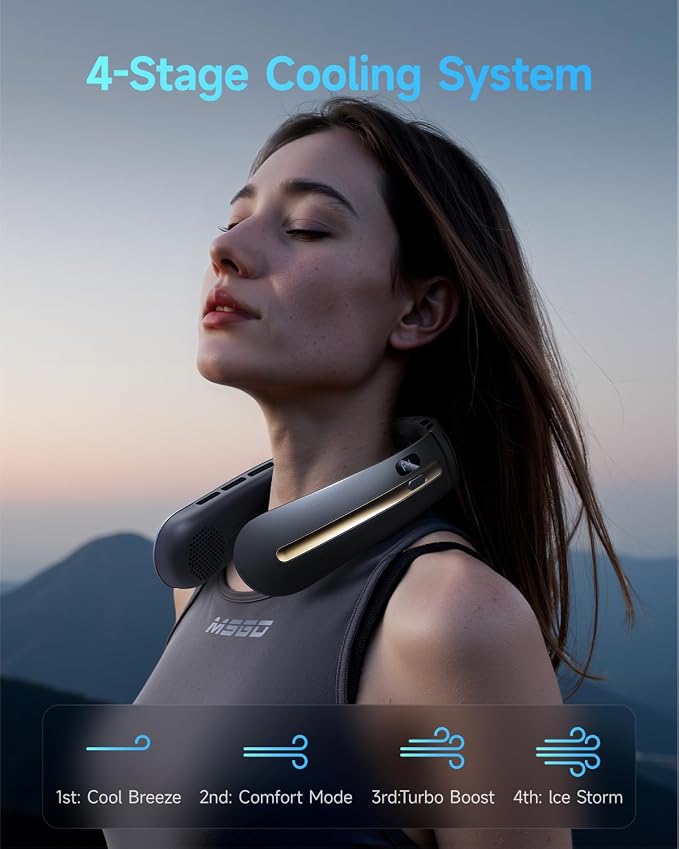 Neck Fan, 3 Turbo Portable Fans with Neck Support, 4 Speed & LED Display, 5200mAh Rechargeable Personal Fan, Hand-Free