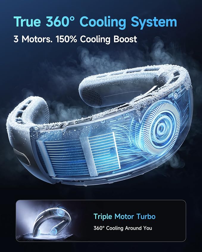 Neck Fan, 3 Turbo Portable Fans with Neck Support, 4 Speed & LED Display, 5200mAh Rechargeable Personal Fan, Hand-Free