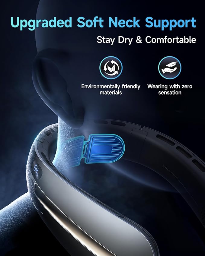 Neck Fan, 3 Turbo Portable Fans with Neck Support, 4 Speed & LED Display, 5200mAh Rechargeable Personal Fan, Hand-Free