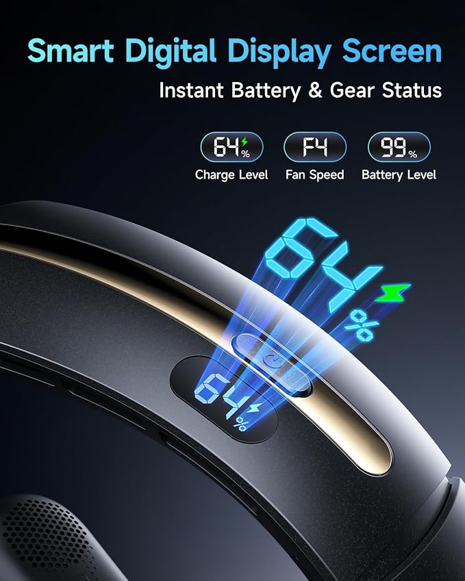 Neck Fan, 3 Turbo Portable Fans with Neck Support, 4 Speed & LED Display, 5200mAh Rechargeable Personal Fan, Hand-Free