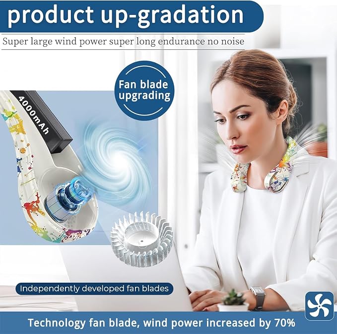 Neck Fan, Bladeless Neck Fan, USB Rechargeable Personal Fan, 4000 mAh Battery Operated Wearable Fan, 3 Speeds