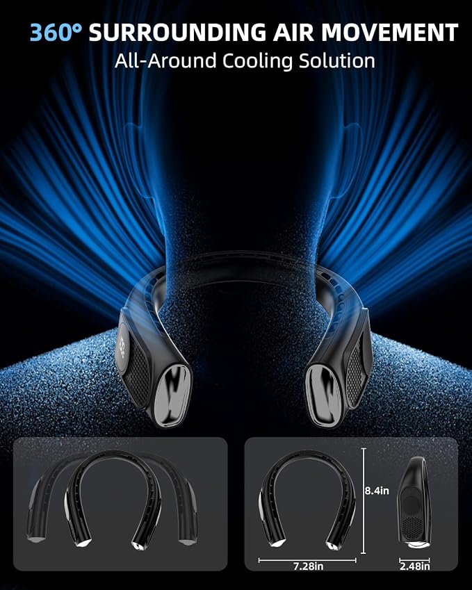 Neck Fan, Bladeless Wearable Hands-Free Portable Fan, 5200mAh Rechargeable, 360° Cooling with 3 Speeds, Ultra-Quiet Personal