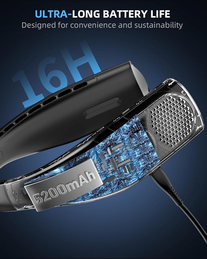 Neck Fan, Bladeless Wearable Hands-Free Portable Fan, 5200mAh Rechargeable, 360° Cooling with 3 Speeds, Ultra-Quiet Personal