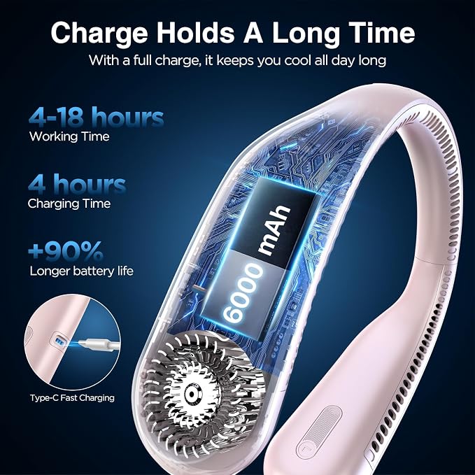Neck Fan, Hands Free Bladeless Neck Fans Portable Rechargeable, 6000 mAh Battery Operated Wearable Personal Fan, Cooling Neck