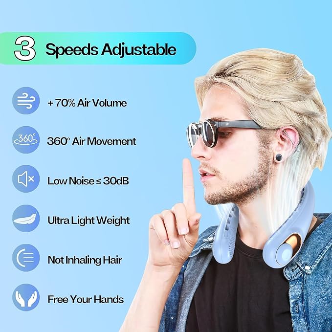 Neck Fan, Portable Fan, Neck Fans Rechargeable, Upgraded LED Display, 4000 mAh Battery Operated, 3 Speeds Adjustable Personal