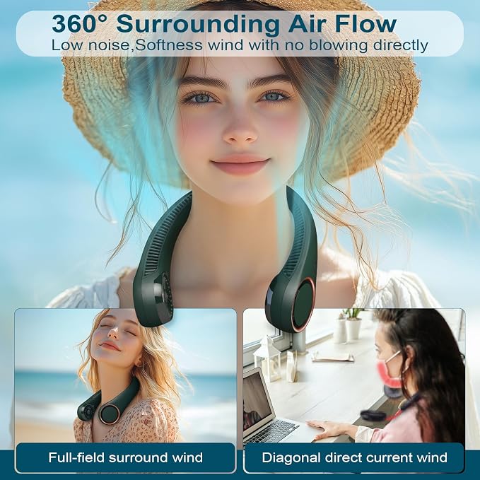 Neck Fan: Portable Personal Neck Cooling Rechargeable Bladeless Fan - Hands Free 3 Speed 4000 mAh Battery USB Operated