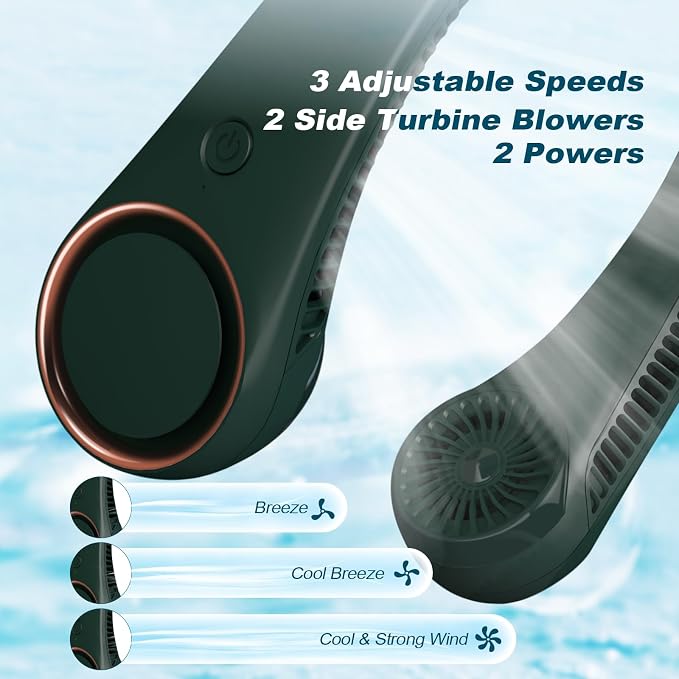 Neck Fan: Portable Personal Neck Cooling Rechargeable Bladeless Fan - Hands Free 3 Speed 4000 mAh Battery USB Operated
