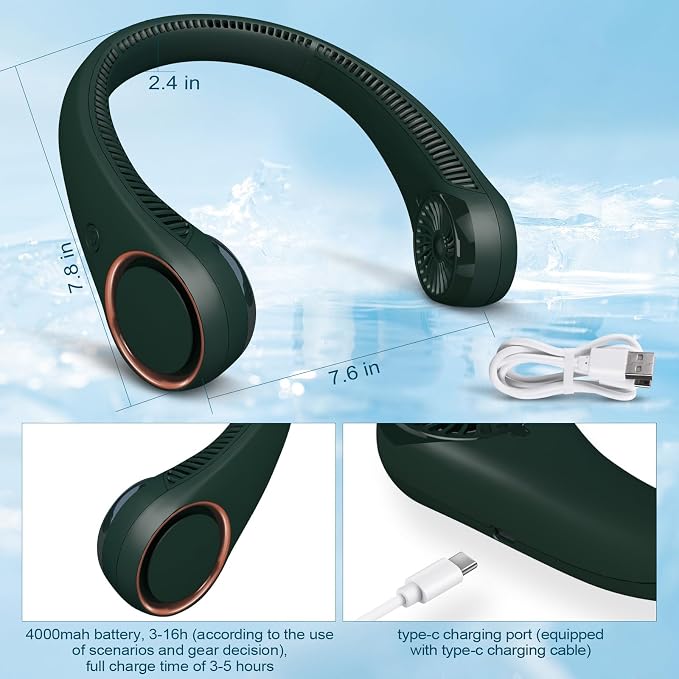 Neck Fan: Portable Personal Neck Cooling Rechargeable Bladeless Fan - Hands Free 3 Speed 4000 mAh Battery USB Operated
