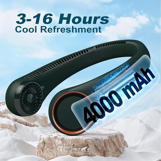 Neck Fan: Portable Personal Neck Cooling Rechargeable Bladeless Fan - Hands Free 3 Speed 4000 mAh Battery USB Operated