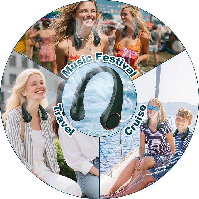 Neck Fan: Portable Personal Neck Cooling Rechargeable Bladeless Fan - Hands Free 3 Speed 4000 mAh Battery USB Operated