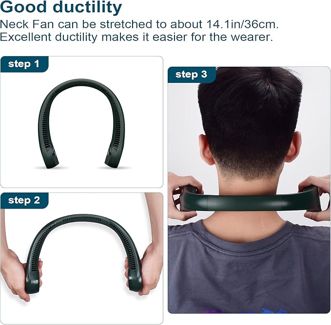 Neck Fan: Portable Personal Neck Cooling Rechargeable Bladeless Fan - Hands Free 3 Speed 4000 mAh Battery USB Operated