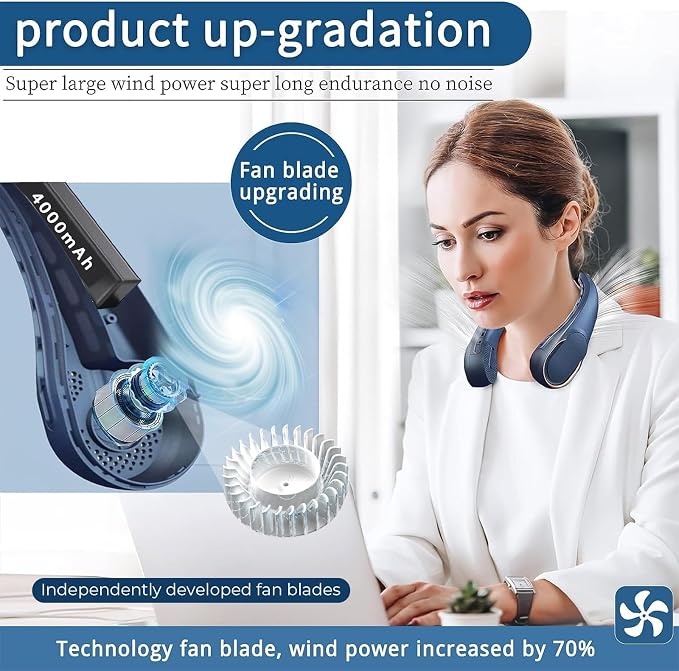 Neck Fan, USB Rechargeable Personal Fan, 4000 mAh Battery Operated, 3 Speeds Adjustable, Faster Cooling, Ultra Quiet