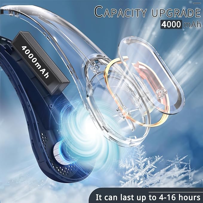 Neck Fan, USB Rechargeable Personal Fan, 4000 mAh Battery Operated, 3 Speeds Adjustable, Faster Cooling, Ultra Quiet