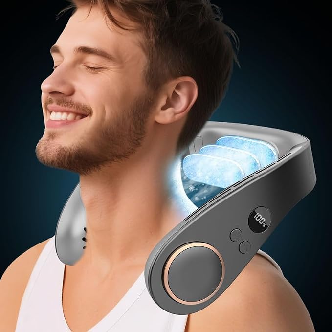 Neck Fans that Blow Cold Air Rechargeable,Quiet Leafless Hanging Neck Fan with Metal Cool Plates,Battery Operated Neck Ac