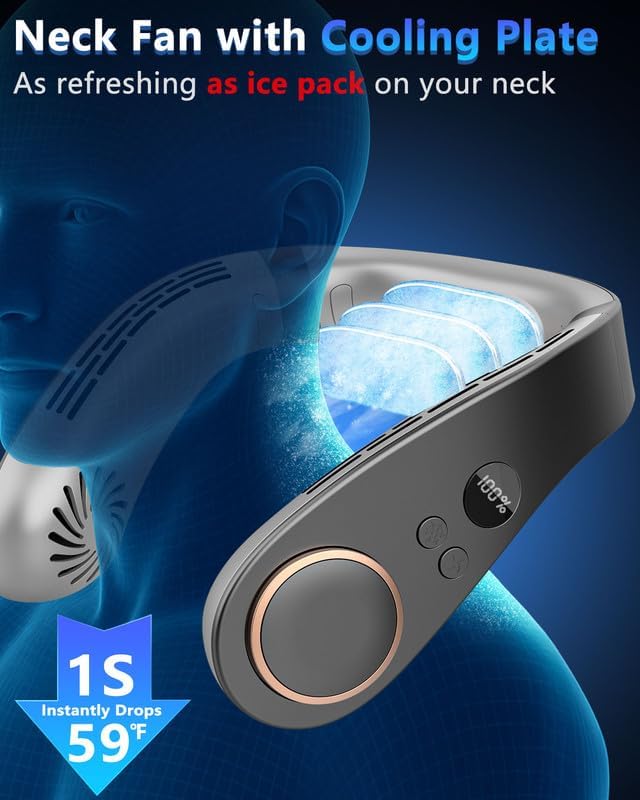 Neck Fans that Blow Cold Air Rechargeable,Quiet Leafless Hanging Neck Fan with Metal Cool Plates,Battery Operated Neck Ac