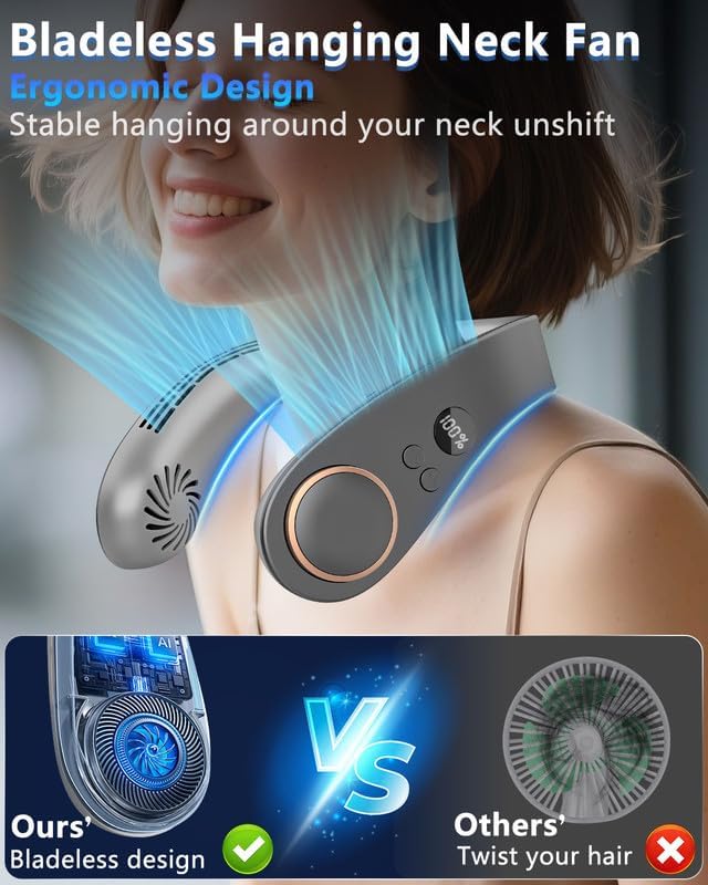 Neck Fans that Blow Cold Air Rechargeable,Quiet Leafless Hanging Neck Fan with Metal Cool Plates,Battery Operated Neck Ac
