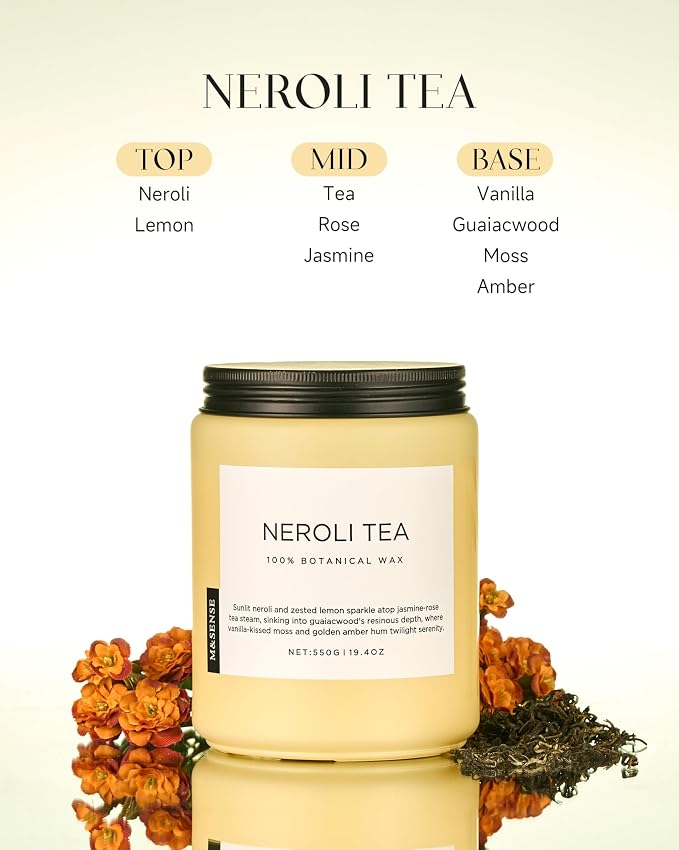 Neroli Tea Scented Candle, 19.4oz 110 Hours Long Lasting Burn 2 Wick made from natural materials Natural Soy Wax Candle