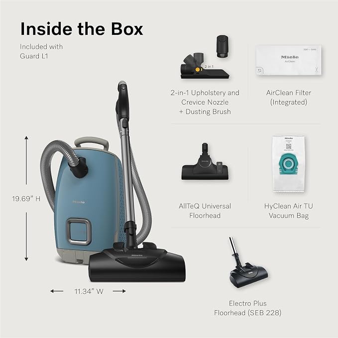 NEW Guard L1 Bagged Canister Vacuum Cleaner with AirClean Filter, Electro Plus Floorhead, AllTeQ Universal Floorhead, LED