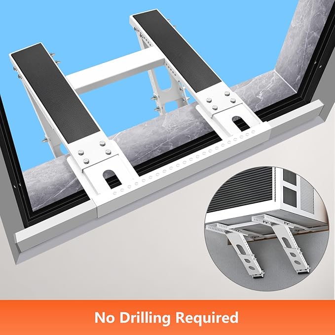 No-Drill Window AC Bracket, Adjustable Support for Single/Double Hung Windows, Heavy Duty Epoxy-Coated Steel Holds 300lbs