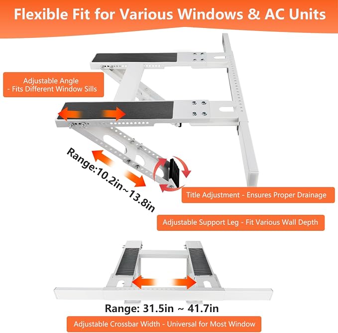 No-Drill Window AC Bracket, Adjustable Support for Single/Double Hung Windows, Heavy Duty Epoxy-Coated Steel Holds 300lbs