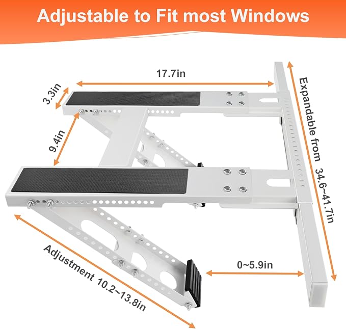 No-Drill Window AC Bracket, Adjustable Support for Single/Double Hung Windows, Heavy Duty Epoxy-Coated Steel Holds 300lbs